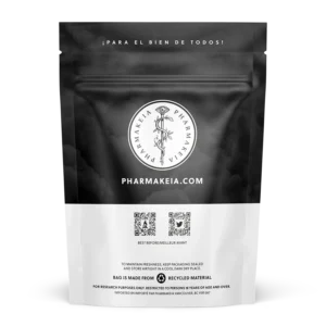 Back view of Pharmakeia's White Vein Kratom packaging displaying the brand logo, two QR codes, best before date, and a disclaimer for consumer safety.