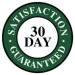 30-day satisfaction guarantee seal in green and white.