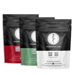 Rear view of Pharmakeia’s White, Green, and Red Vein Kratom packages, showing two QR codes and a best before date.