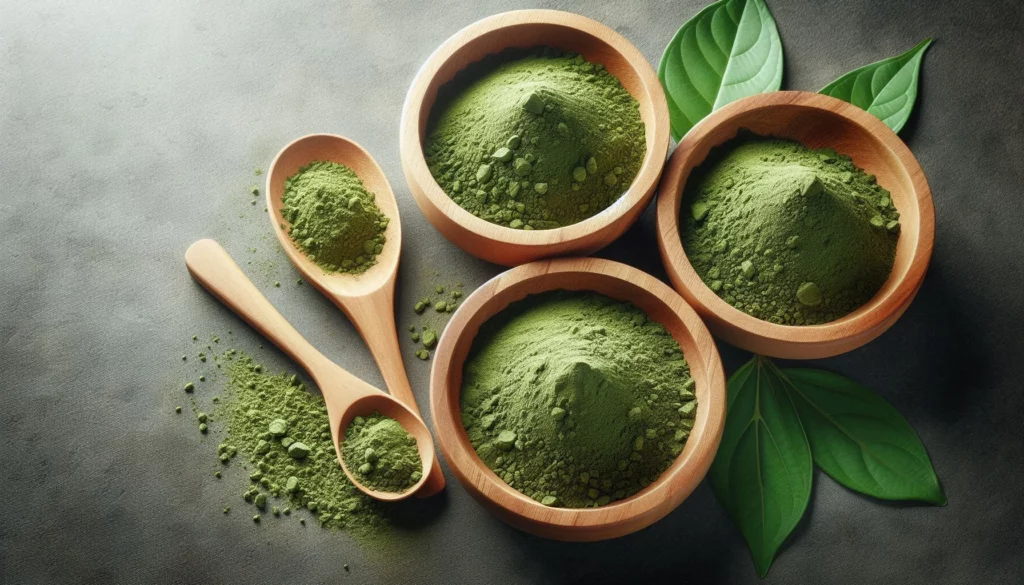 Wooden bowls filled with finely ground, quality kratom powder, accompanied by wooden spoons and fresh kratom leaves.