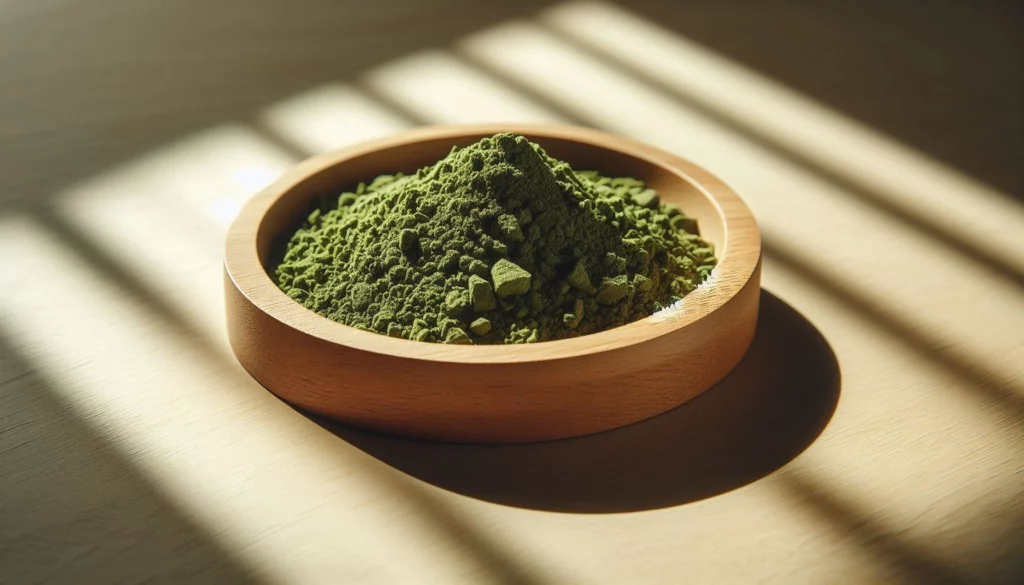 A small bowl of kratom powder on a wooden tabletop, illuminated by a ray of sunlight, symbolizing the natural connection between kratom and sleep.