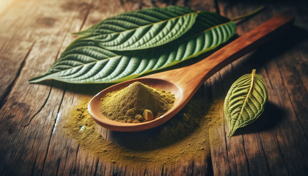 A small spoon holding a small amount of kratom powder on a cracked wooden floor.