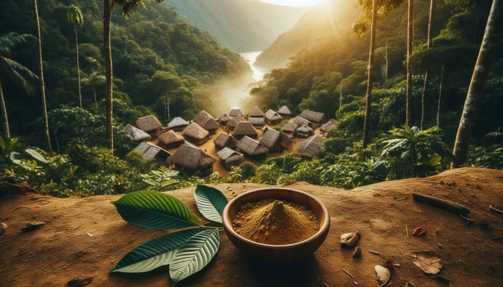 Bowl of kratom powder placed atop a cliff, overlooking a village of huts nestled in a dense, uncharted forest.