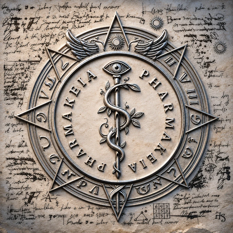 Pharmakiea logo surrounded by ancient text and images