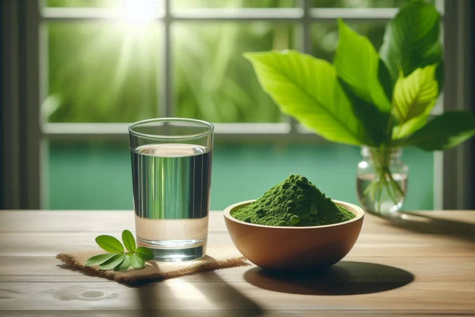 kratom and hydration with a wooden bowl of kratom powder, a glass of water, and a vase with green leaves on a rustic wooden table. Sunlight streams through a window in the room.