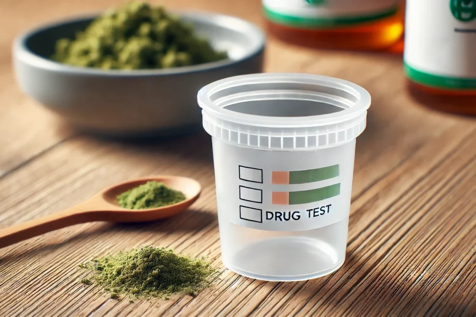 Close-up of a drug test cup with kratom powder on a wooden spoon in the background symbolizing will kratom show up on a drug test.