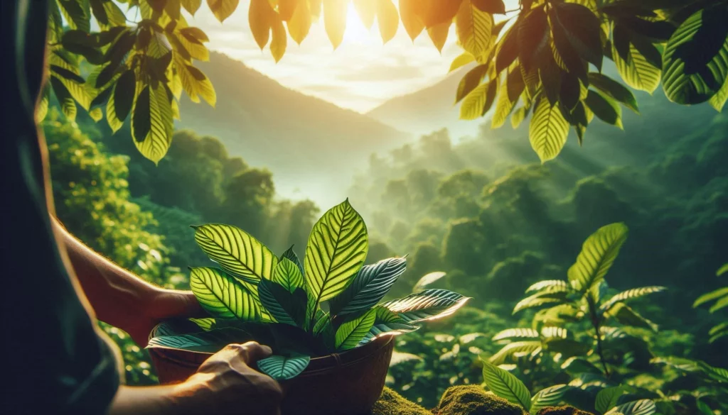A person harvesting kratom leaves from a kratom tree, with a mountain backdrop and sunlight piercing through.