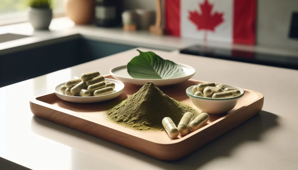 Kratom powder and capsules displayed on a wooden tray with a kratom leaf, set in a kitchen with a Canadian flag in the background.