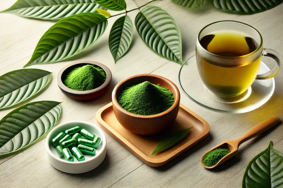 Kratom powder vs tea vs capsules on display including kratom powder in bowls, kratom capsules in a dish, a glass cup of kratom tea, and fresh green kratom leaves on a wooden surface.