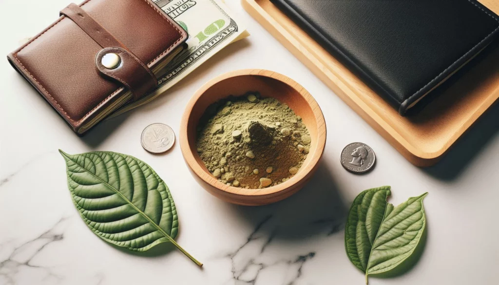A wooden bowl filled with kratom powder, surrounded by kratom leaves, coins, and leather wallets on a marble surface.