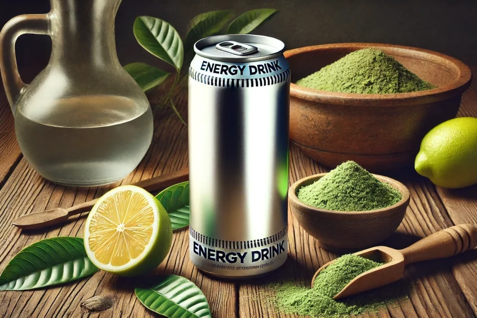 Kratom vs energy drinks with an aluminum can placed on a wooden table, accompanied by a bowl of green kratom powder, a rustic jug of water, and sliced lemon.