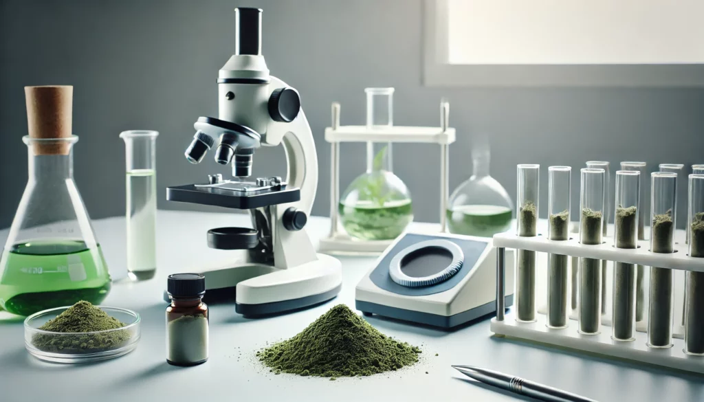 Laboratory setup featuring a microscope, test tubes filled with green kratom powder, a pile of green powder in a petri dish, and glass beakers containing liquid.