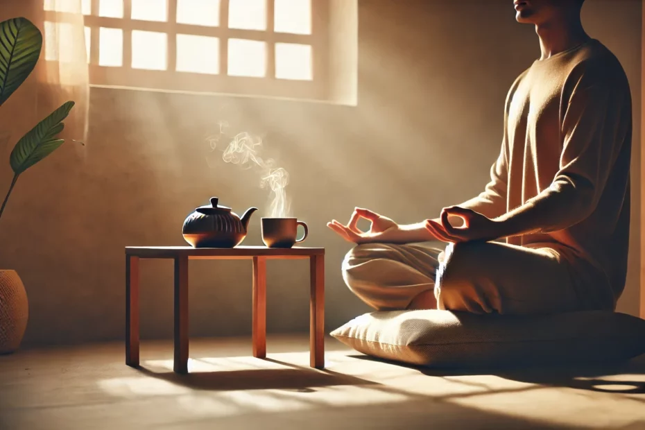 kratom and meditation with person sitting cross-legged on a cushion, a teapot and cup of kratom tea on a table nearby.
