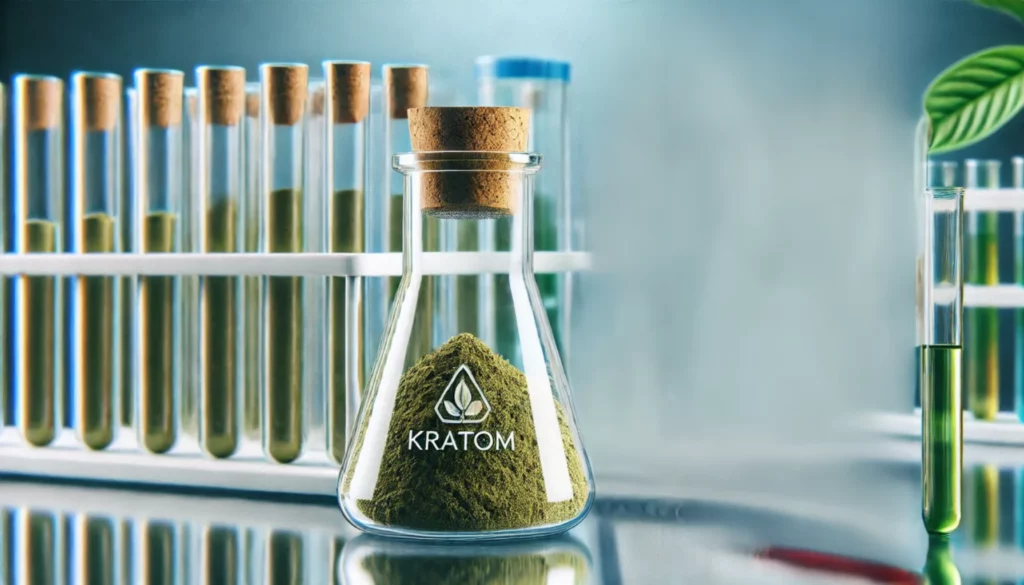 Laboratory flask filled with green kratom powder, surrounded by test tubes containing powdered and liquid samples.