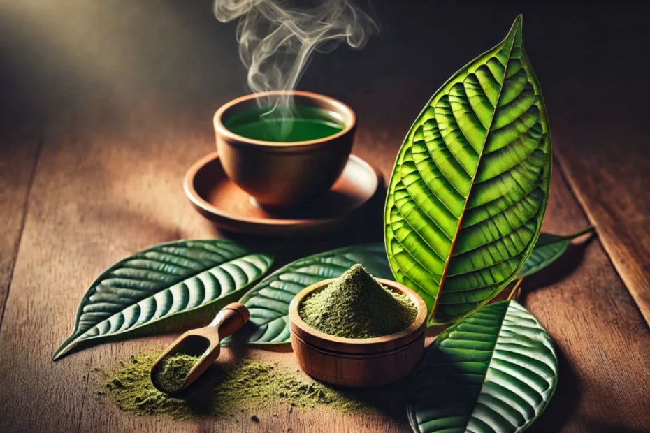 A steaming cup of kratom tea, a wooden bowl of kratom powder, a wooden scoop, and vibrant green kratom leaves arranged on a wooden surface.