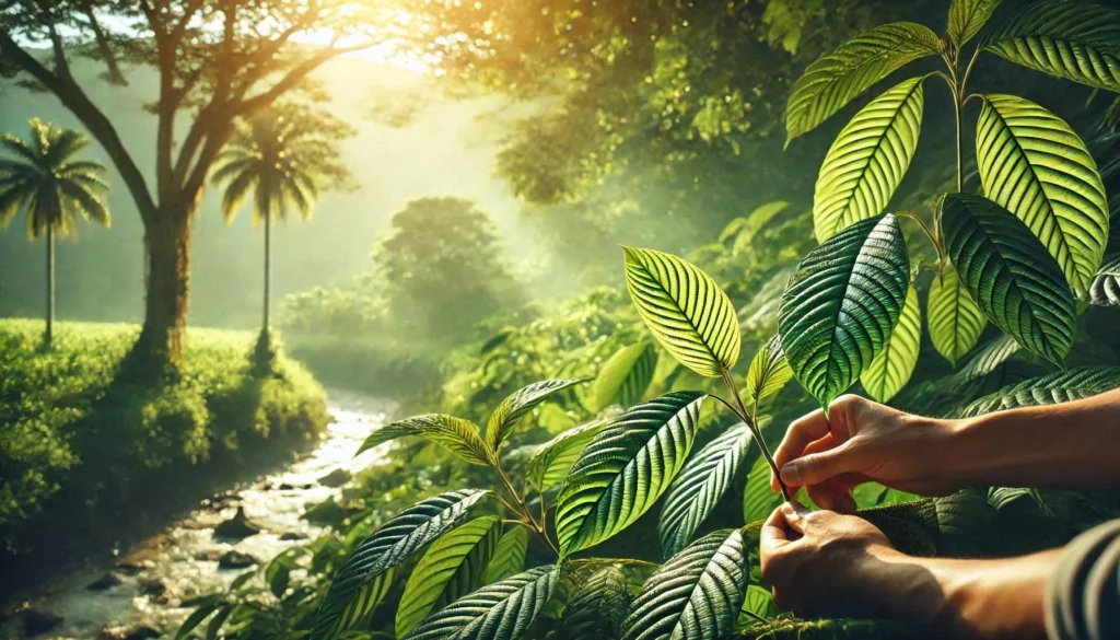 A persons hands harvesting fresh kratom leaves in a lush tropical forest with sunlight streaming through the trees near a serene river.