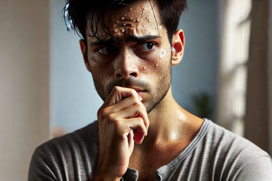 A thoughtful young man sweating profusely, holding his chin in a pensive pose, with sunlight streaming through a window.