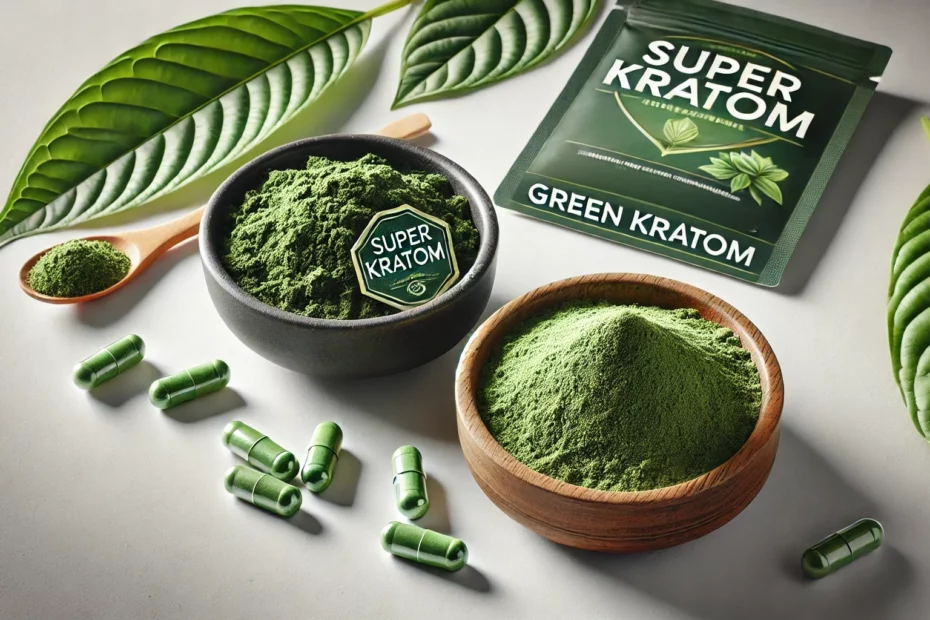 Green kratom powder in two bowls accompanied by capsules, a wooden spoon with powder, and fresh kratom leaves. One bowl is labeled 'super kratom'