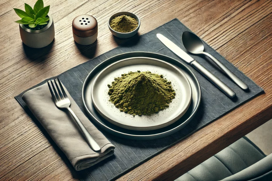 A dinner plate with a mound of kratom powder on a wooden table, accompanied by cutlery and a napkin, emphasizing the concept of consuming kratom on an empty or full stomach