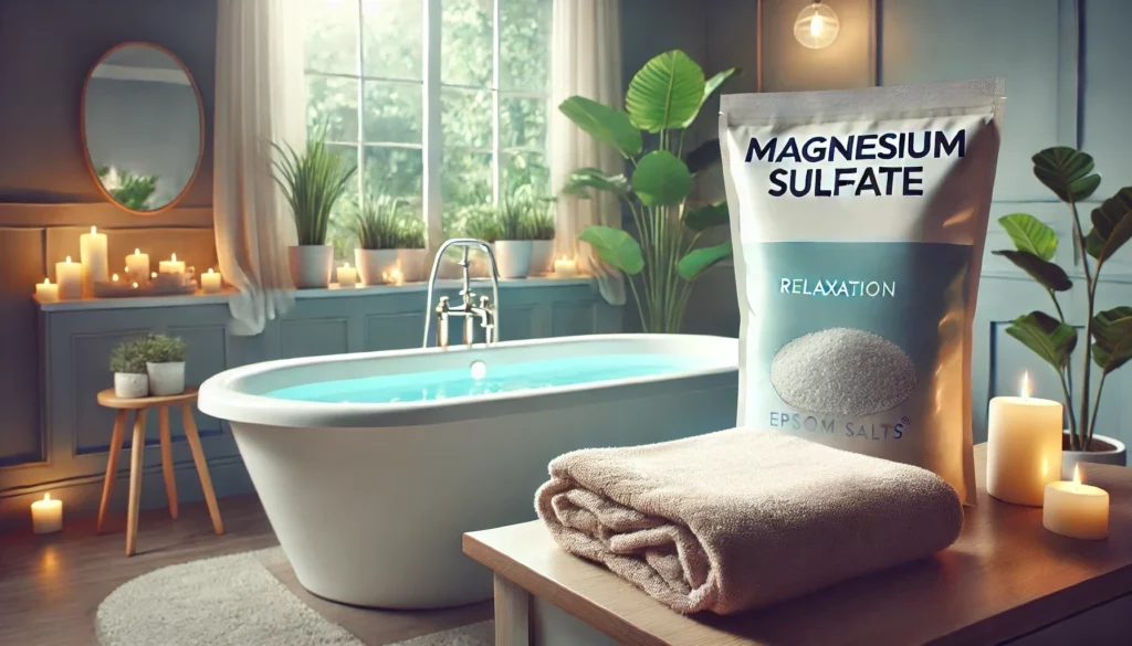 A luxurious bathroom featuring a freestanding bathtub filled with water, a bag of magnesium sulfate and a folded towel under soft natural light.