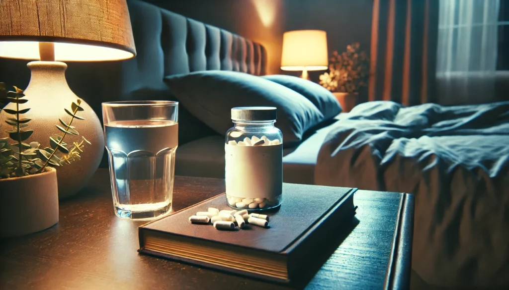 A glass of water, a bottle of unlabelled magnesium capsules, and a hardcover book on a wooden nightstand, softly illuminated by warm bedside lamps.