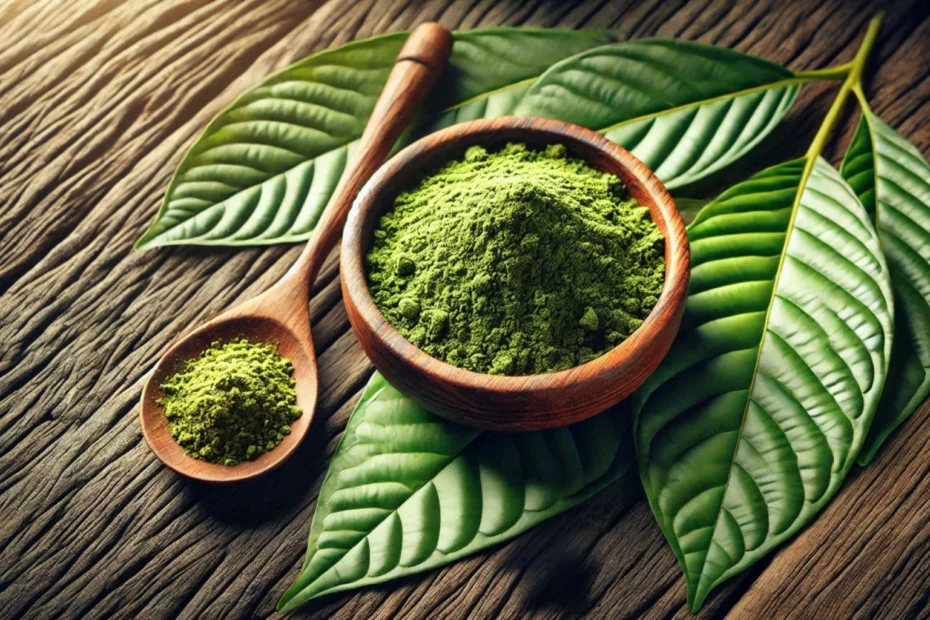 Misconceptions about kratom with kratom powder in a wooden bowl and spoon, placed on vibrant kratom leaves resting on a rustic wooden surface.