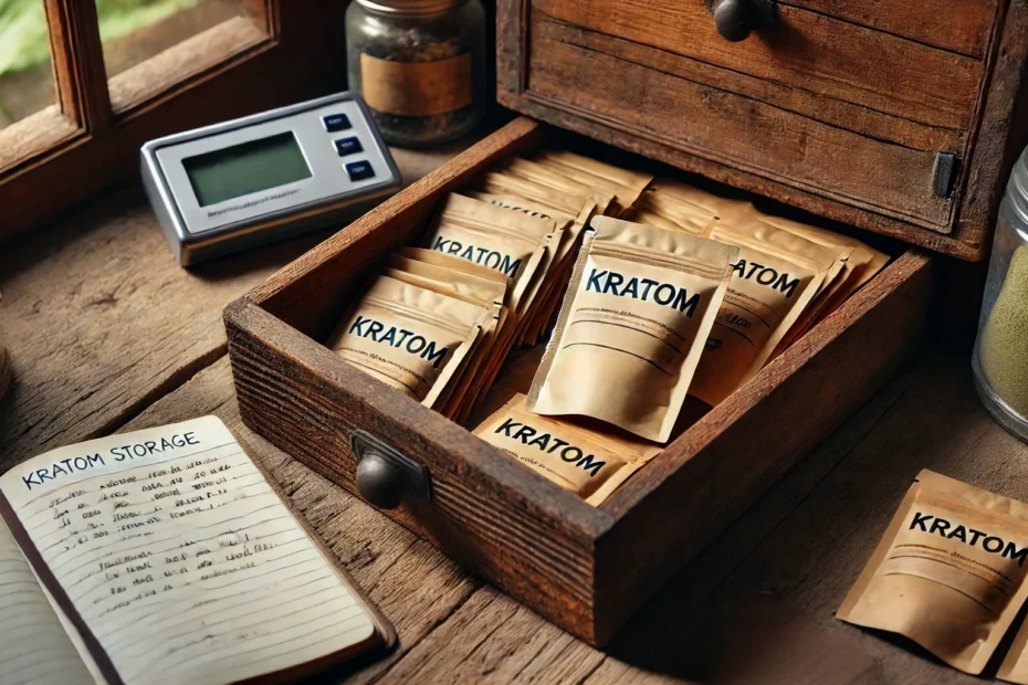 The shelf life of kratom with a wooden drawer containing pouches of kratom, , a glass jar of kratom, and a notebook labeled "Kratom Storage" on a rustic wooden floor