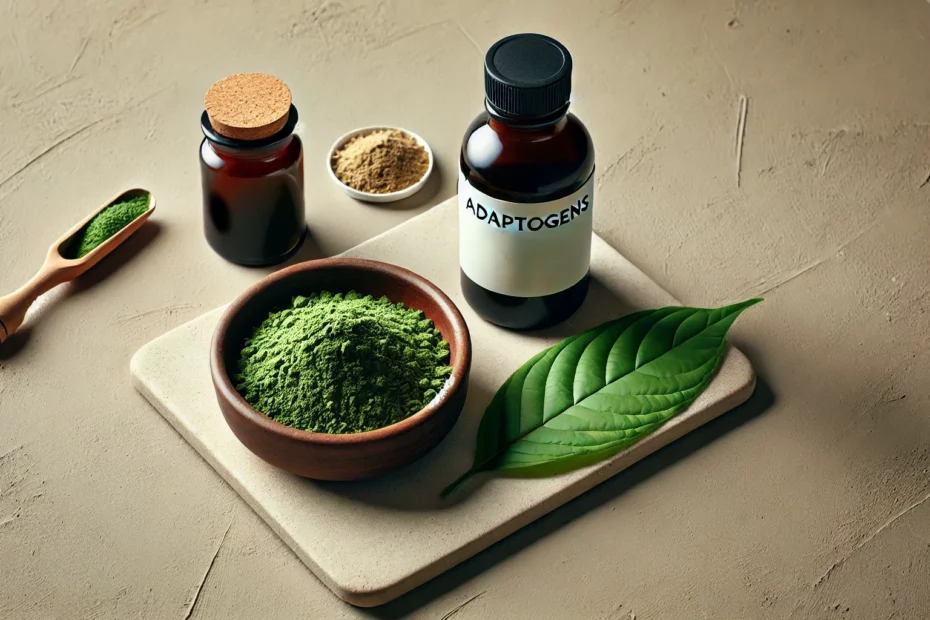A bowl of kratom powder and adaptogens bottle beside one another with a kratom leaf, a wooden scoop in the background