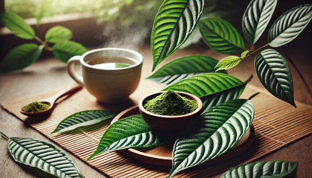 Fresh green kratom leaves, a bowl of kratom powder, and a steaming cup of kratom tea on a bamboo mat.