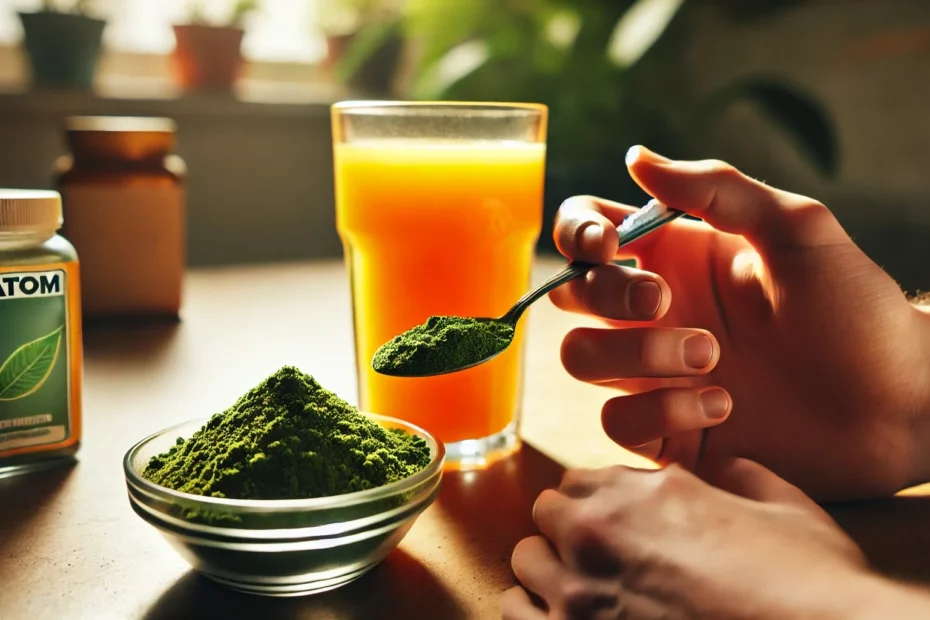 A spoon filled with green kratom powder held above a bowl of the same powder, with a glass of orange juice and kratom container in the background on a wooden table ready to be toss and washed