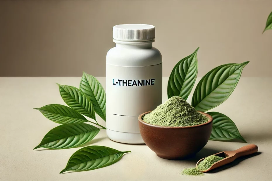 A bottle of L-Theanine beside a wooden bowl of green powder and a wooden scoop filled with powder, surrounded by fresh green leaves on a neutral-toned surface combing the benefits of L-Theanine and kratom