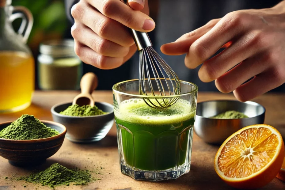 Hands mixing kratom powder with a whisk in a glass surrounded by bowls kratom powder, a half sliced orange and a jug of orange juice are nearby.