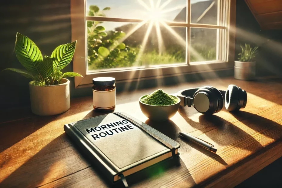 Kratom and morning routines with a notebook, bowl of kratom powder, potted plant, headphones, and a pen on a wooden table illuminated by sunlight streaming through a window.