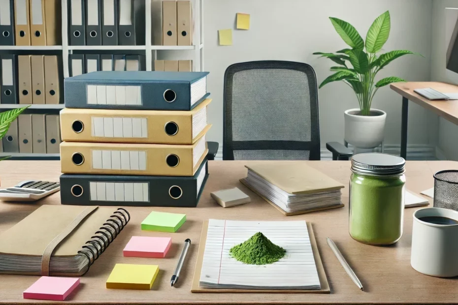 Kratom and productivity with a work desk with stacks of binders, a jar of green powder, sticky notes, pens, a notebook, and a coffee mug, surrounded by office essentials and an indoor plant.