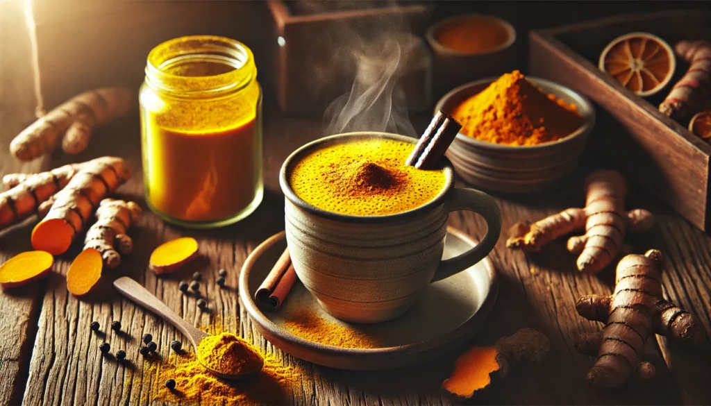 A steaming golden turmeric latte in a ceramic mug with a cinnamon stick, surrounded by fresh turmeric roots, turmeric powder, black peppercorns, and a jar of turmeric milk on a rustic wooden surface.