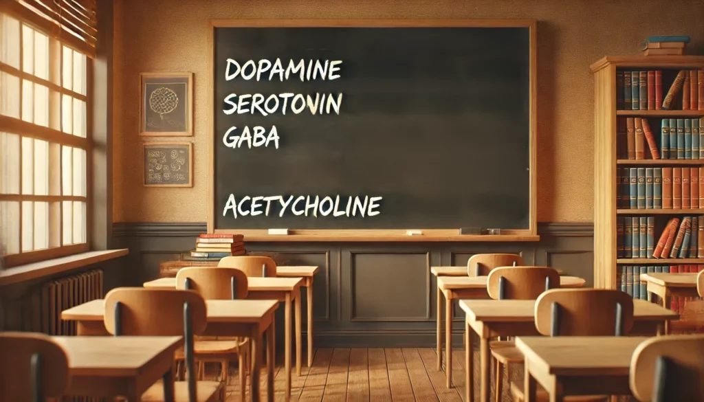 A classroom with a chalkboard displaying the names of neurotransmitters with wooden desks and bookshelves in the background.