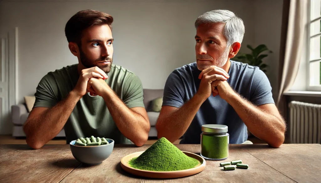 Two men sitting across from each other at a wooden table, both looking at a plate filled with kratom powder and a bowl of kratom capsules