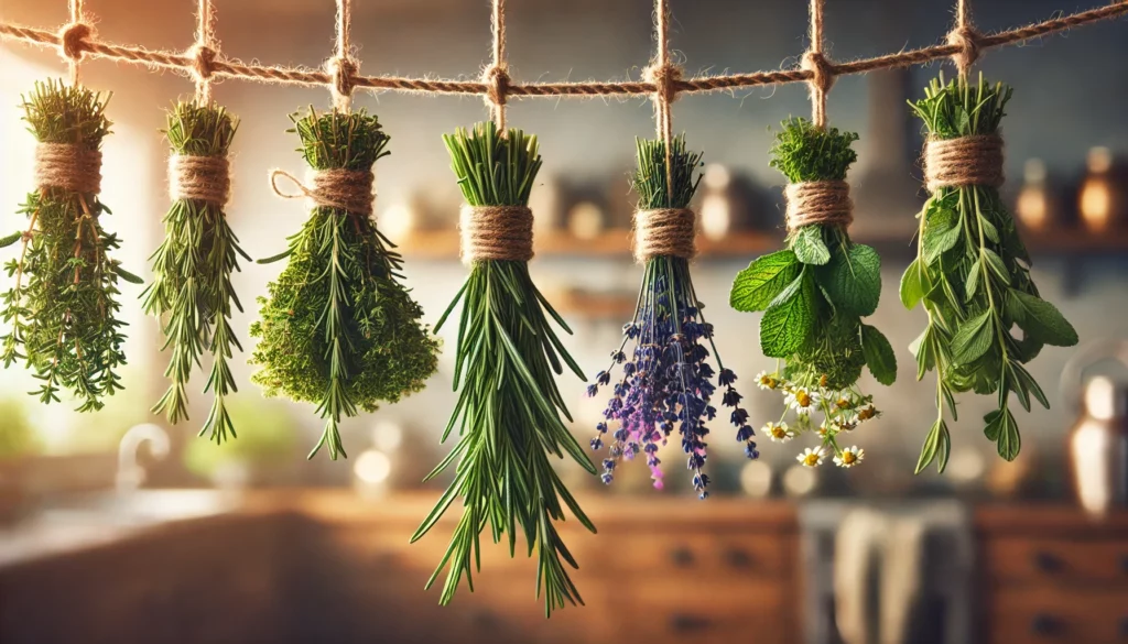 Bundles of fresh herbs hanging on a rope in a kitchen, starting the air drying process.
