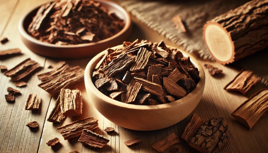 Finely chopped dried Mulungu bark pieces arranged in a wooden bowl with additional bark fragments scattered on a wooden surface