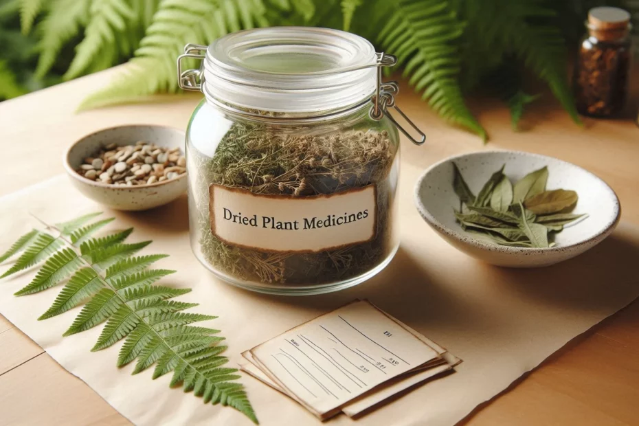 A glass jar of dried herbs on a table with ferns, symbolizing the delicacy of drying and preserving plant medicines.