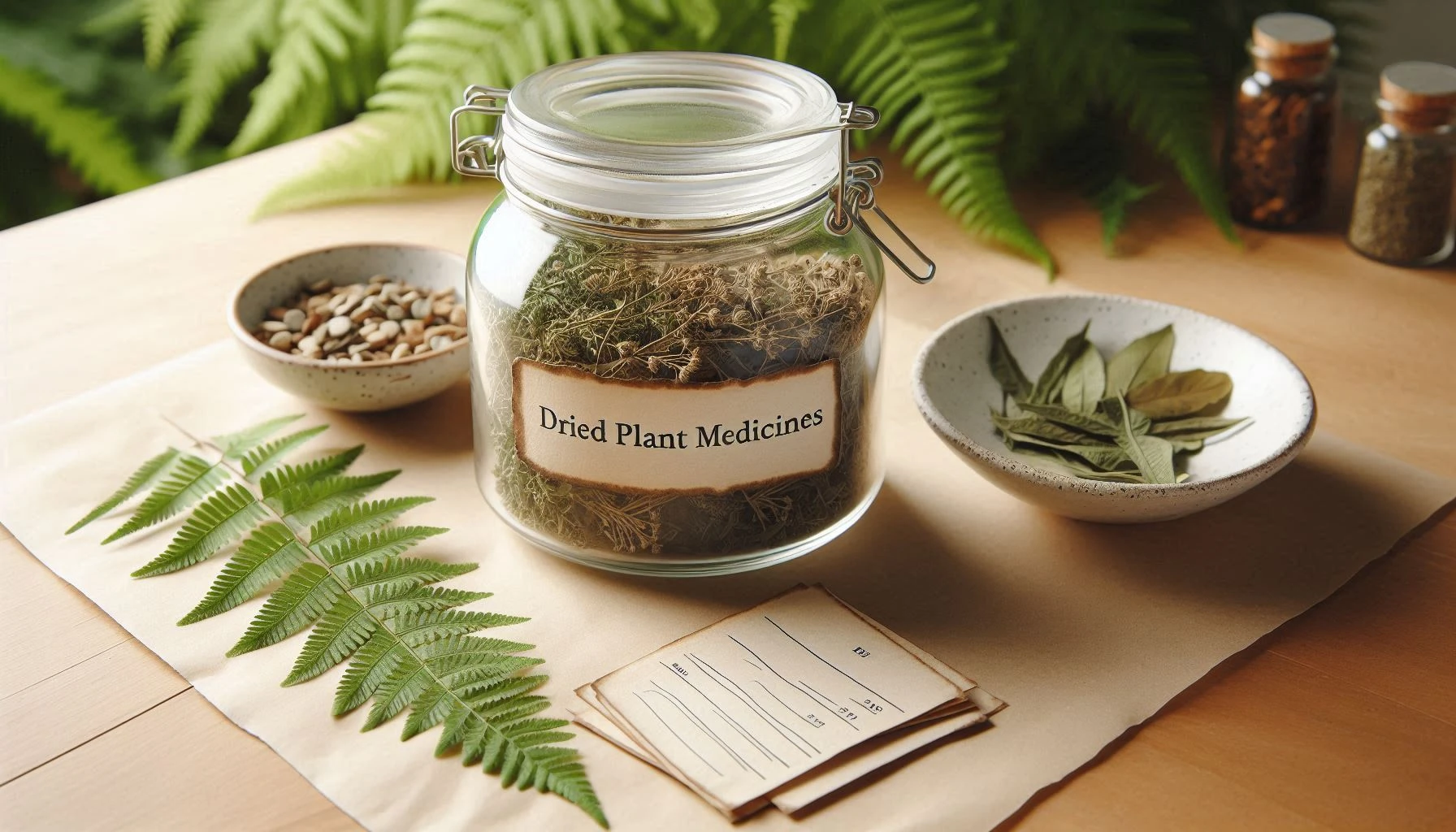 A glass jar of dried herbs on a table with ferns, symbolizing the delicacy of drying and preserving plant medicines.