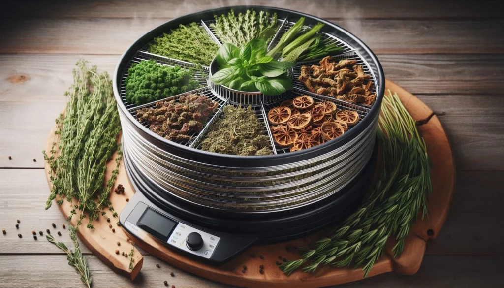 Food dehydrator with various herbs and dried fruits on a wooden surface