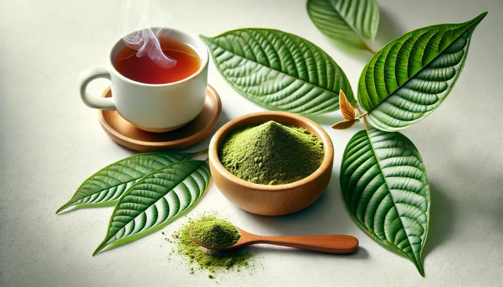 A cup of steaming kratom tea alongside a wooden bowl filled with kratom powder, kratom leaves, and a wooden spoon with a small portion of powder on a white surface.