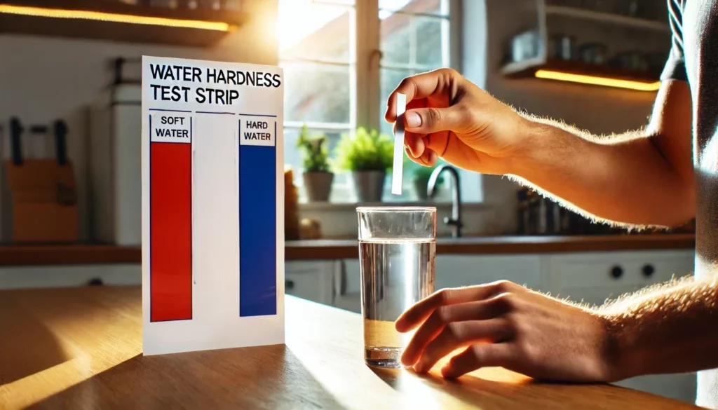 A person testing water hardness by dipping a test strip into a glass of water on a kitchen countertop, with a colour-coded chart indicating soft and hard water levels.
