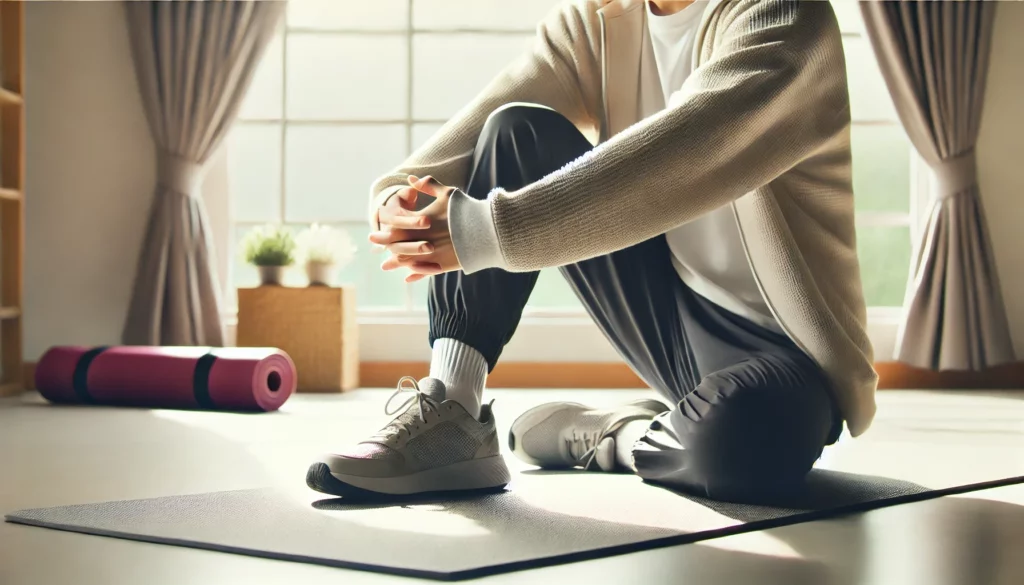 A person dressed in workout attire sitting on a yoga mat preparing for an exercise session. A rolled-up yoga mat and small potted plants are near a window with soft curtains.