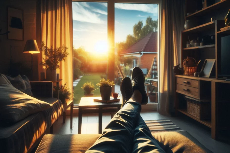 Person relaxing on couch with feet up in living room at sunset. An accurate depiction on how to relax with kratom after a long work day.