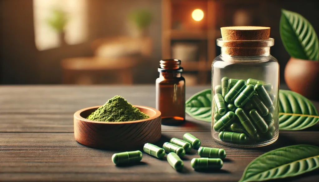 A glass jar filled with kratom capsules, a wooden bowl containing finely ground kratom powder, and fresh kratom leaves on a dark wooden table