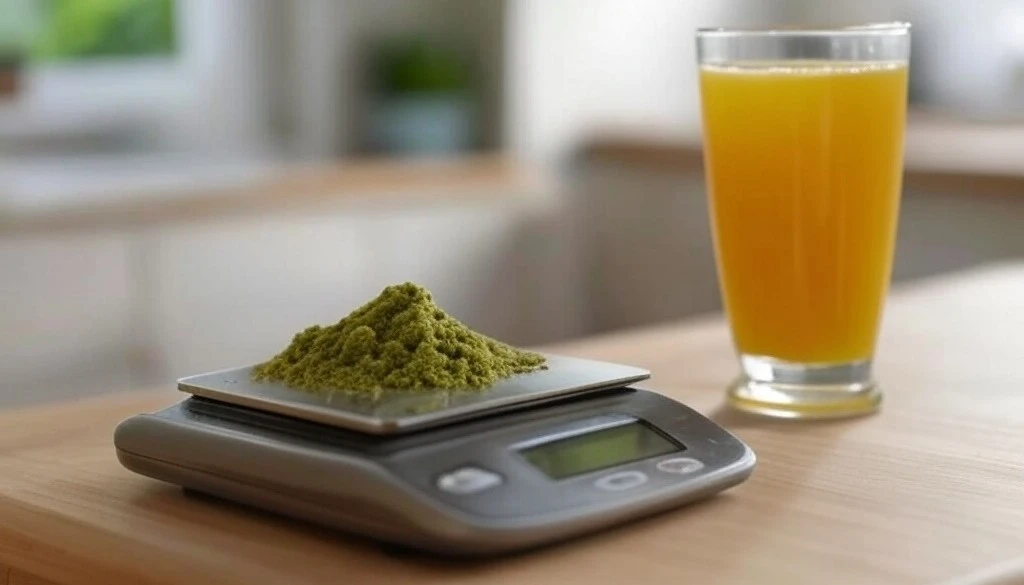 Kratom powder measured on a digital kitchen scale, with a glass of orange juice on a wooden table