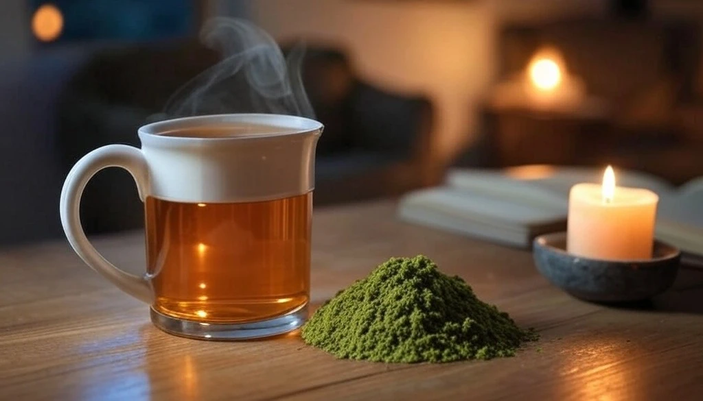 Steaming cup of tea with kratom powder and lit candle on wooden table