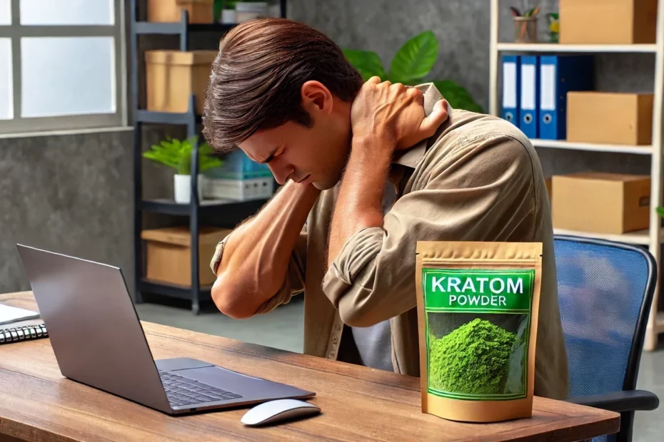 Using kratom for lowering physical tension as a man sitting at a desk is holding his neck and shoulders due to discomfort. A package of kratom powder in on the desk.